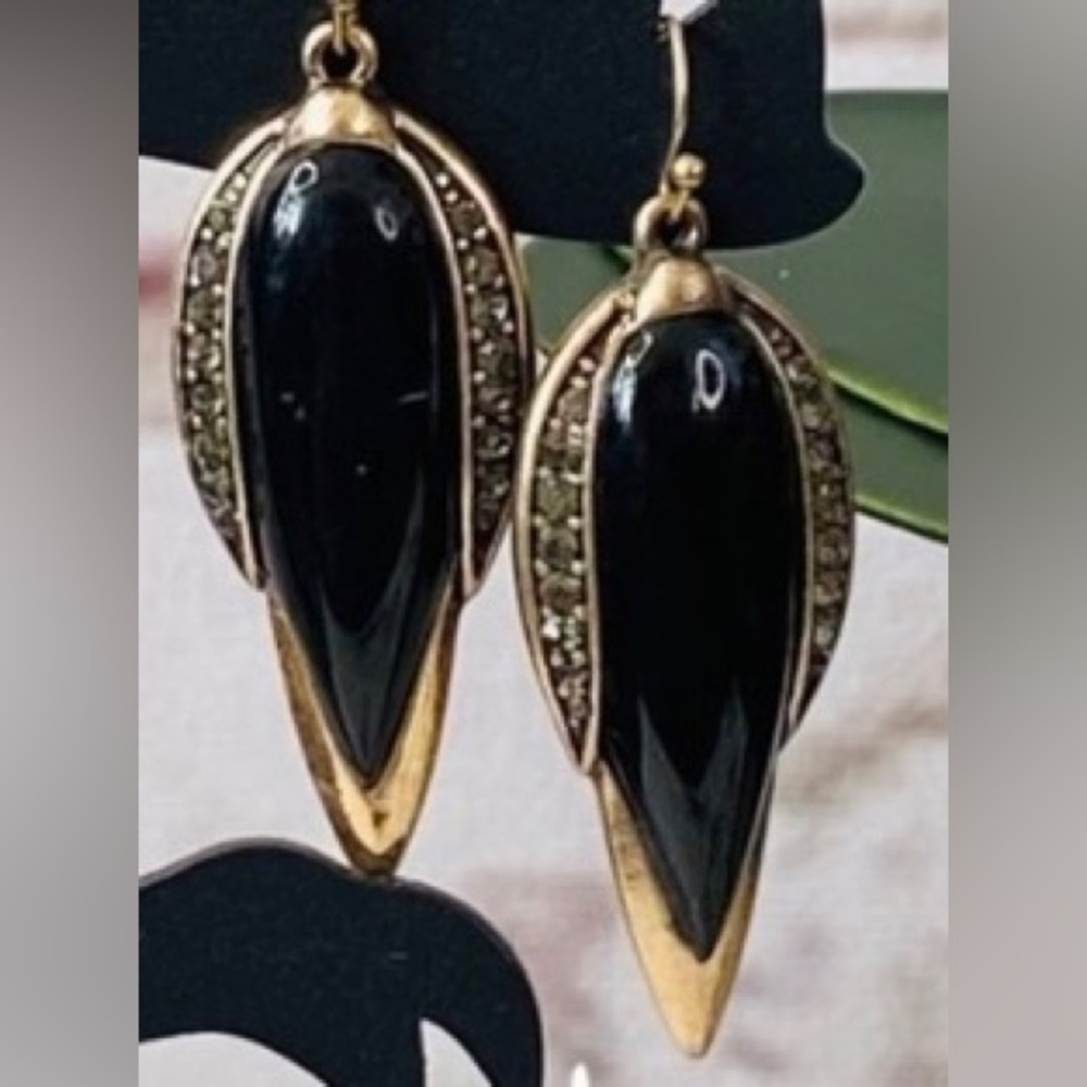 🖤 Gorgeous Elongated Teardrop GoldTone Simulated Black Onyx Champagne Crystals